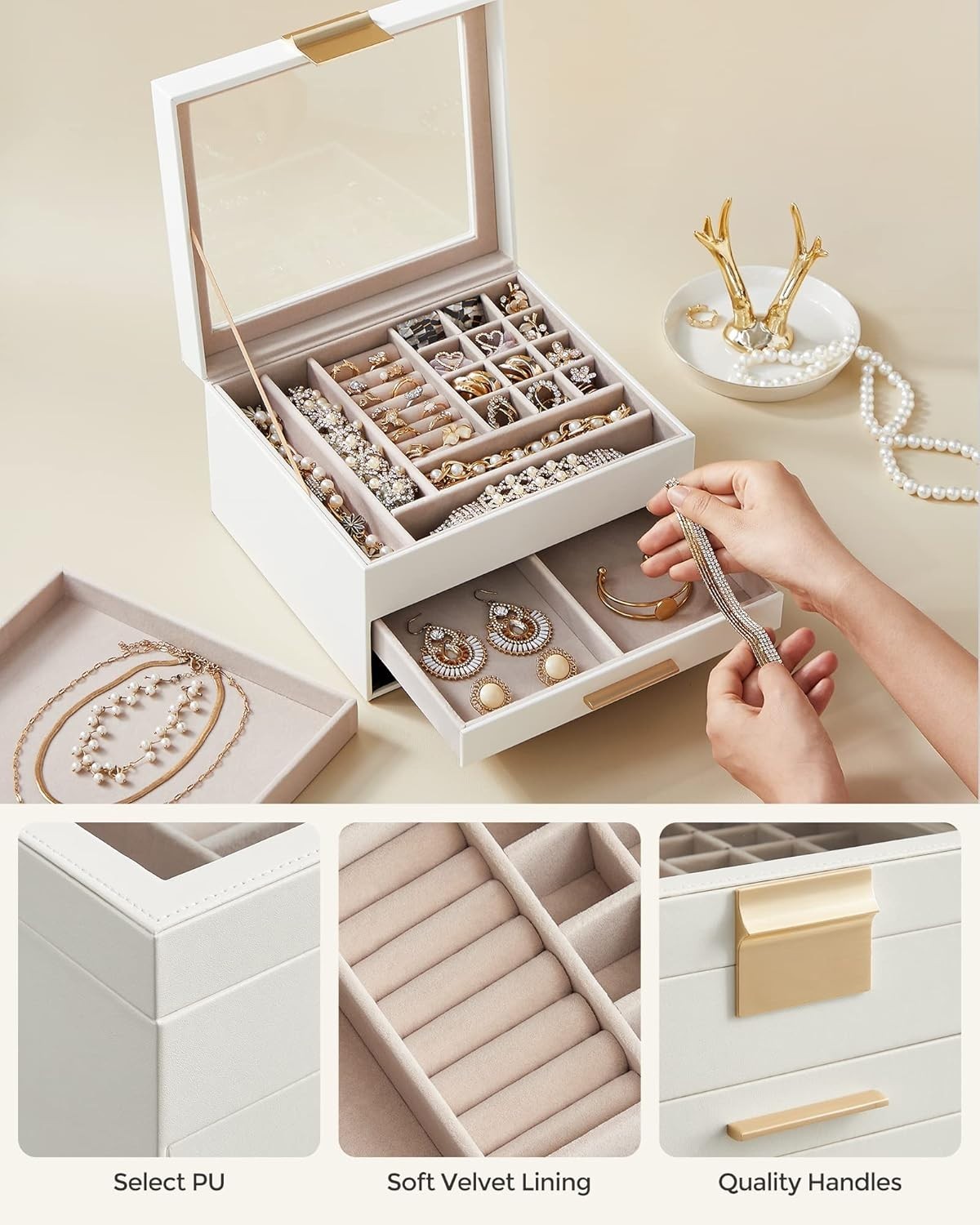 Glass Lid Jewellery Box Cloud White Gold 3 Tier Storage with 2 Drawers