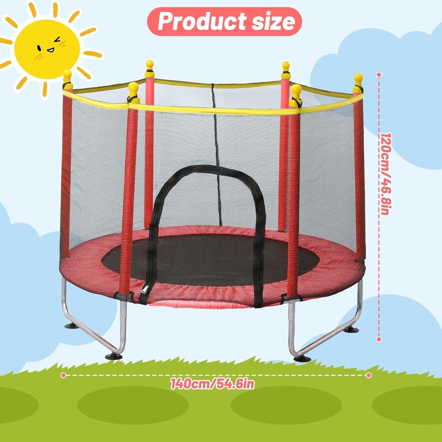Children’s Indoor Outdoor Trampoline with Safety Net & Basketball Hoop 55in