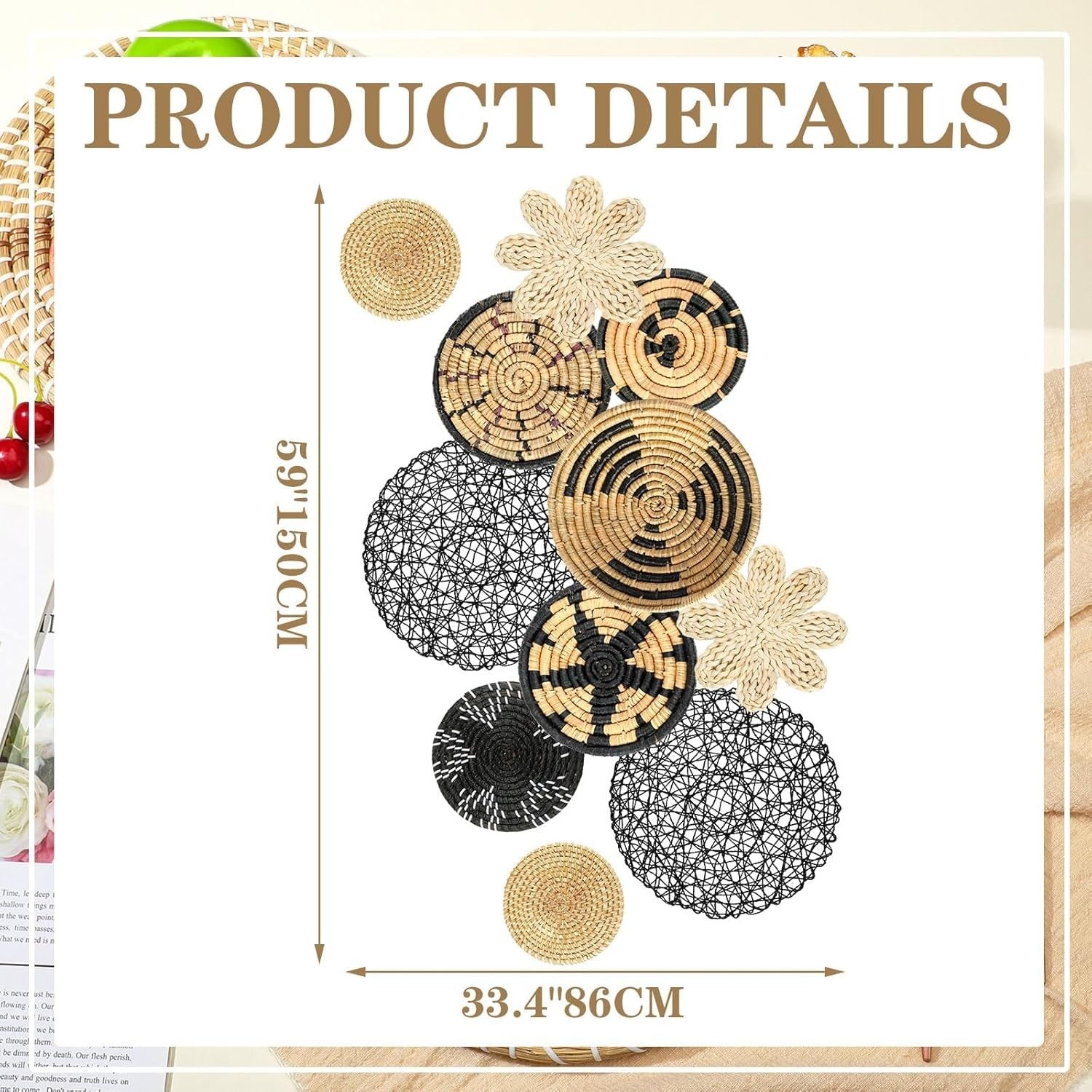 Boho Wall Basket Decor Set 11pcs – Rustic Bulrush Woven Round CLR