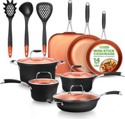 14pcs Copper Ceramic Stackable Non Stick Cookware Set Induction Safe Pots & Pans