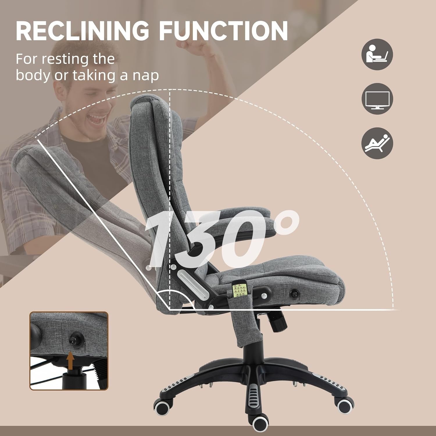 Heated Massage Office Chair 6 Point High Back Linen Grey