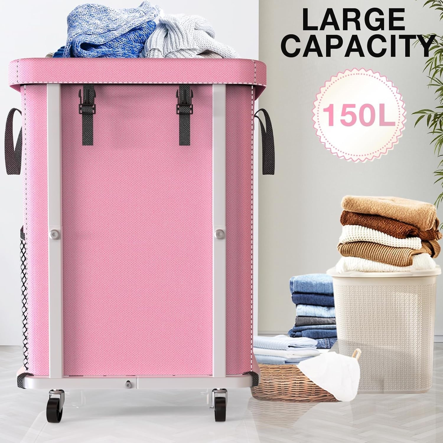 150L Pink Laundry Hamper with Wheels Heavy Duty Large Rolling Clothes Basket