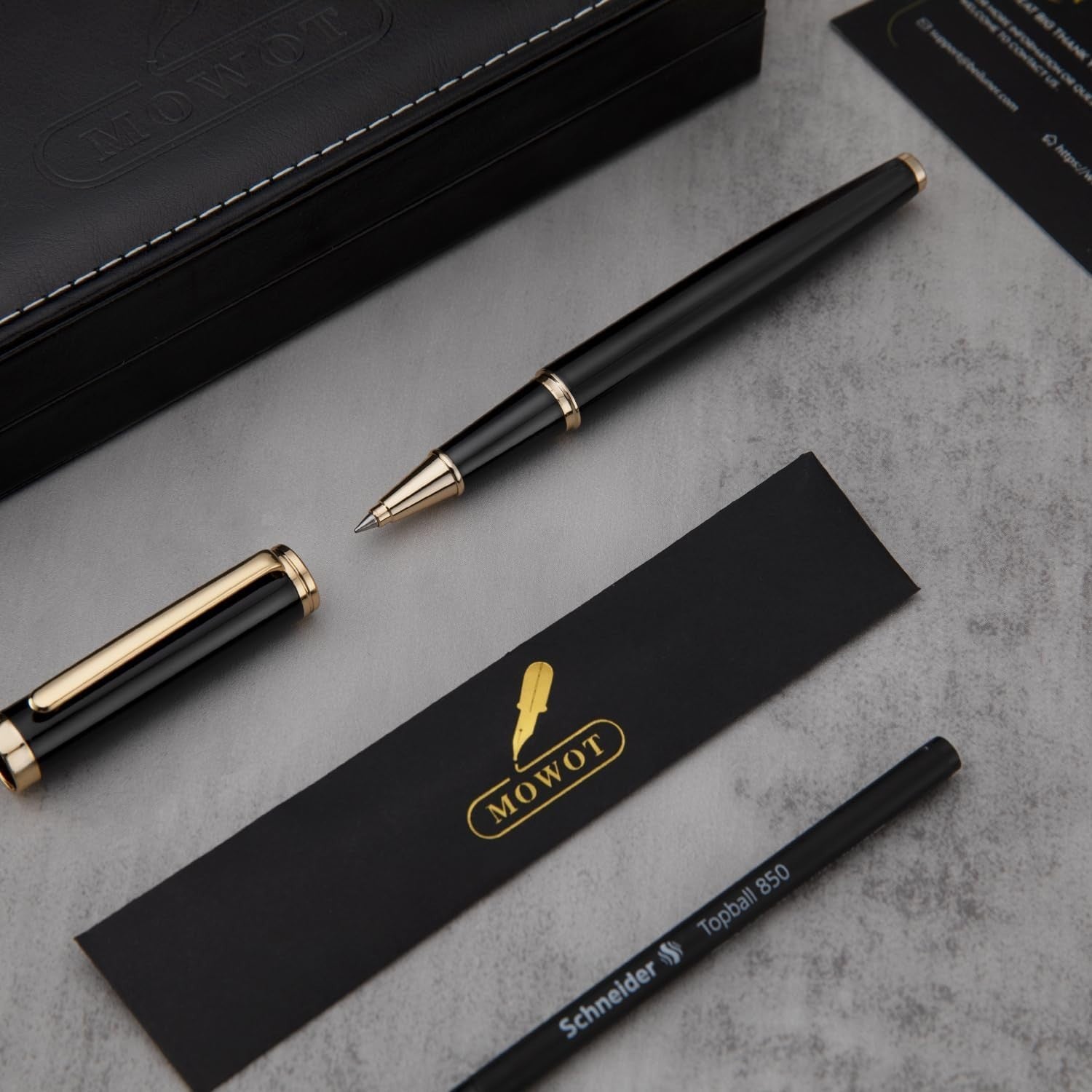 Luxury Rollerball Pen Black 24K Gold Trim Refillable Metal Rubber Model