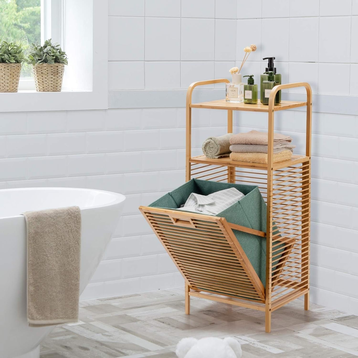 Bamboo Tilt-Out Laundry Hamper with 2 Shelves | Removable Bag | 40×33×95cm