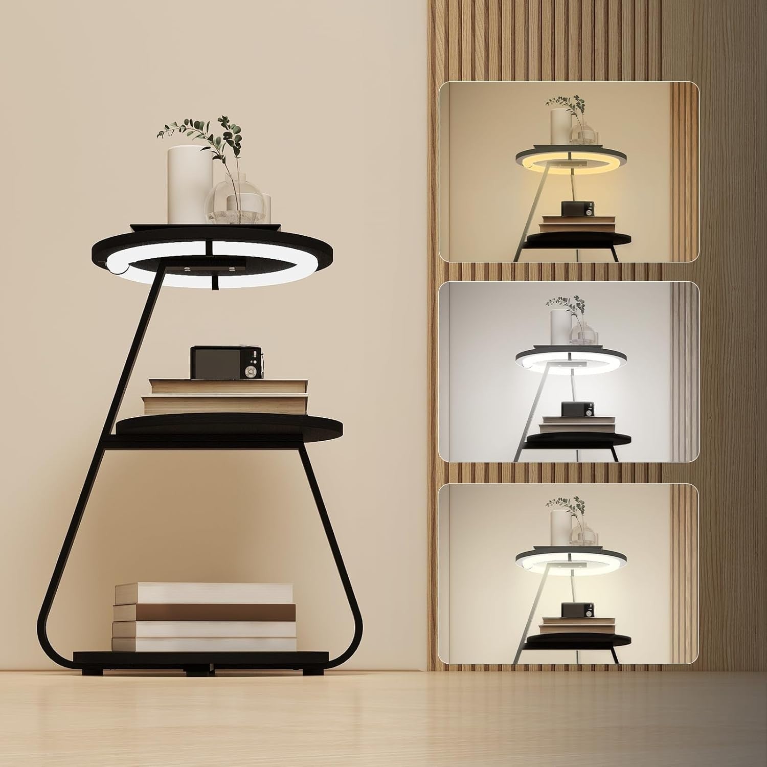 Set of 2 LED Bedside Tables – 3 Tier Round End Tables with Storage Black