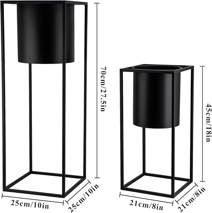 Set of 2 Black Metal Planters with Stand Indoor Outdoor Modern Tall Plant Pots