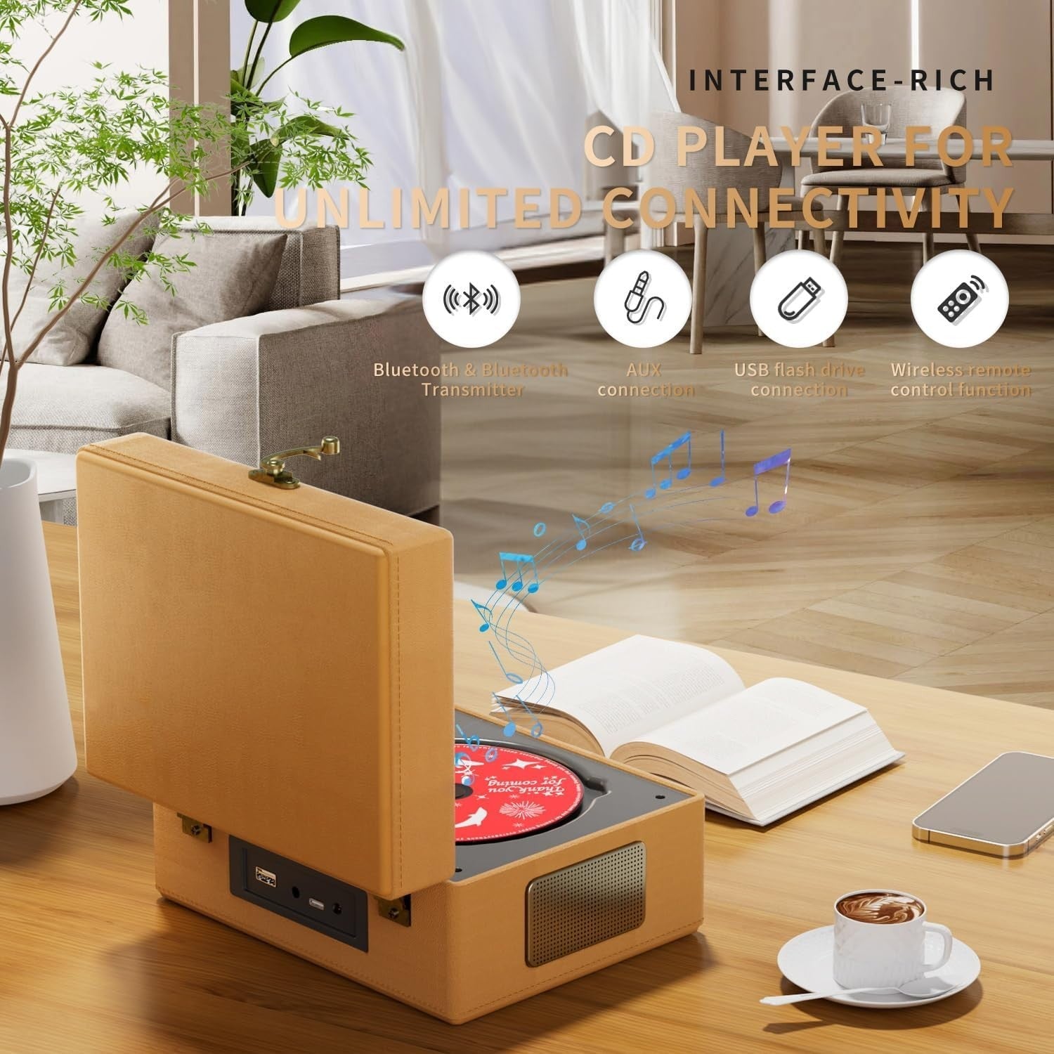 Brown Leather CD Player w Speakers Rechargeable Home Decor Music Box