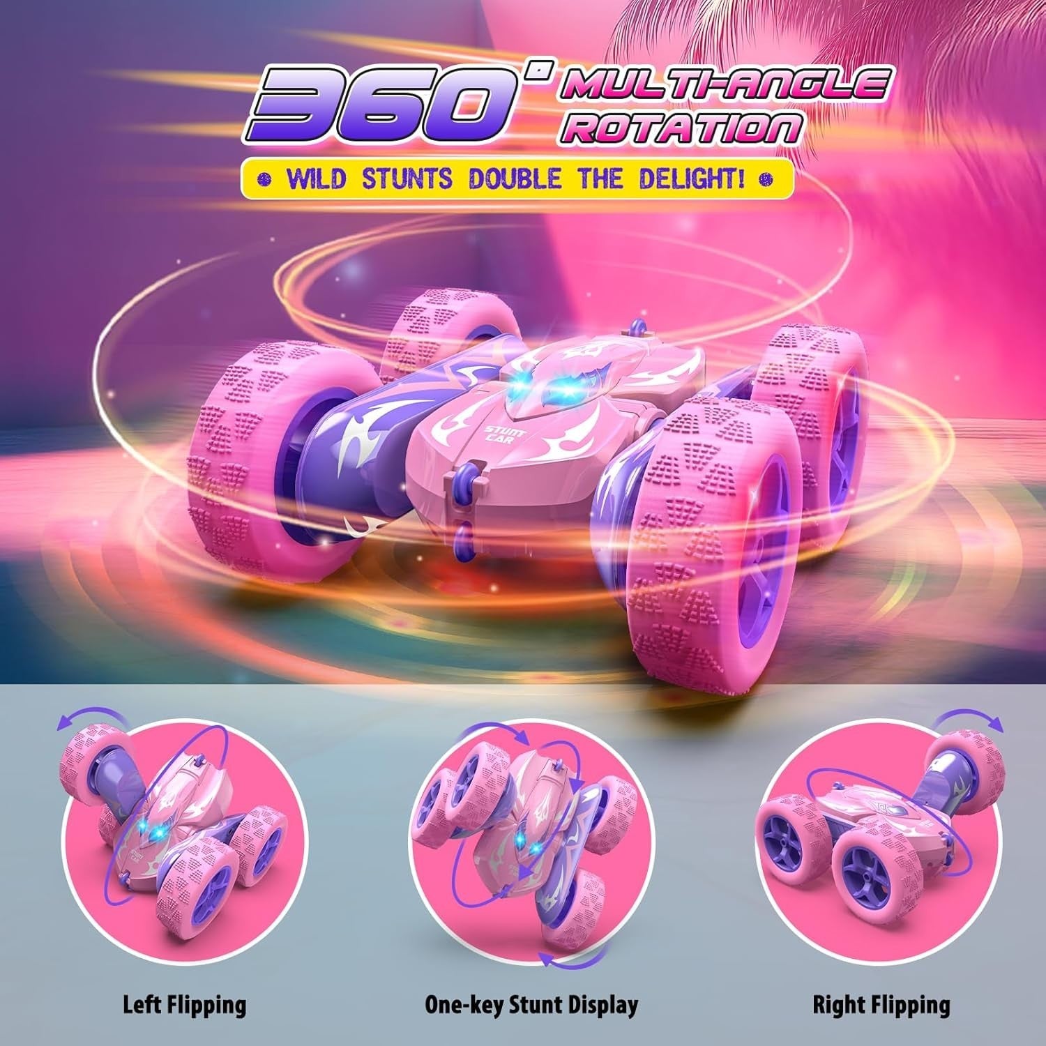 Pink RC Stunt Car 4WD 360° Flip LED Rechargeable Toy for Girls Age 3–9