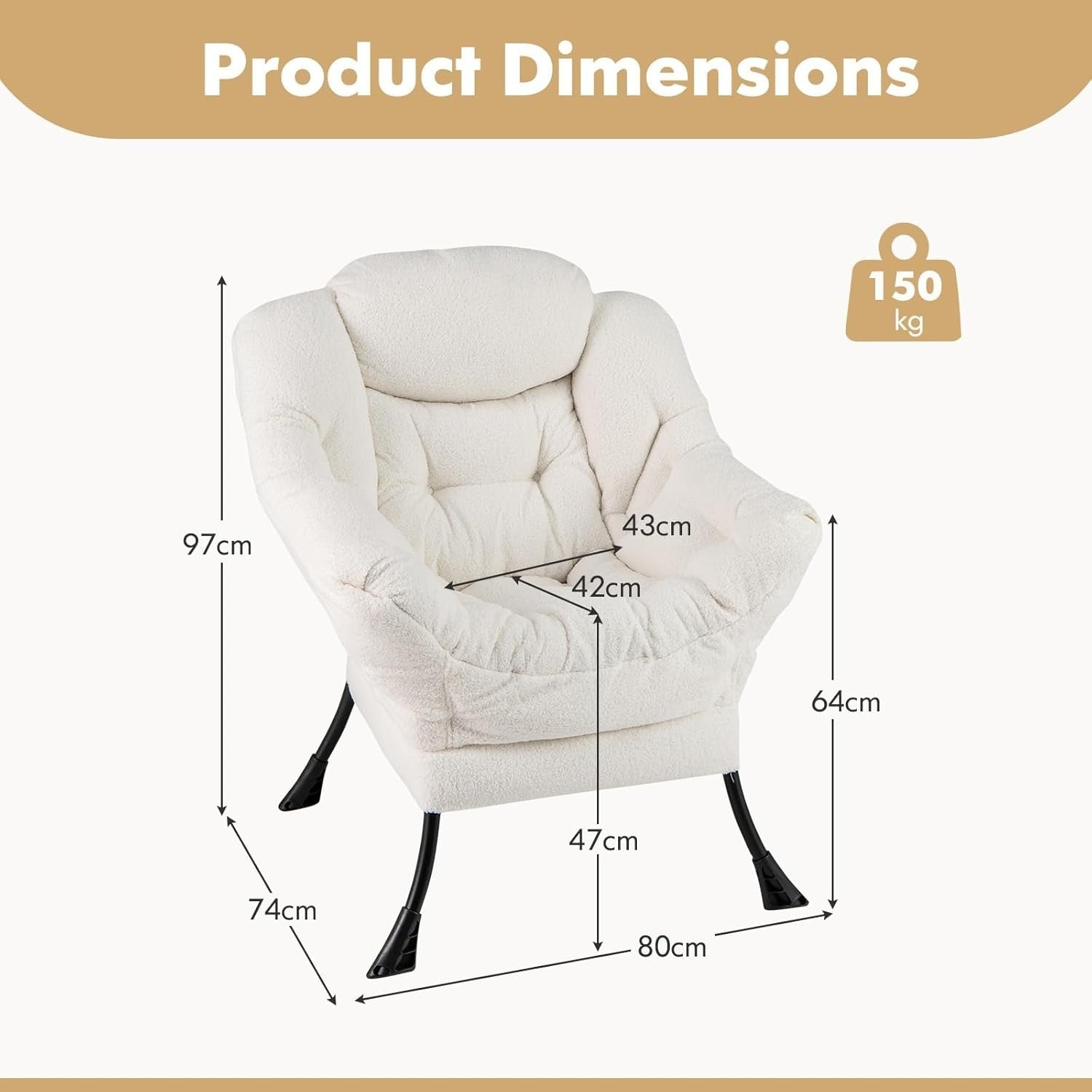 Beige Sherpa Armchair Comfy Lounge Reading Chair Sofa w/ Side Pocket