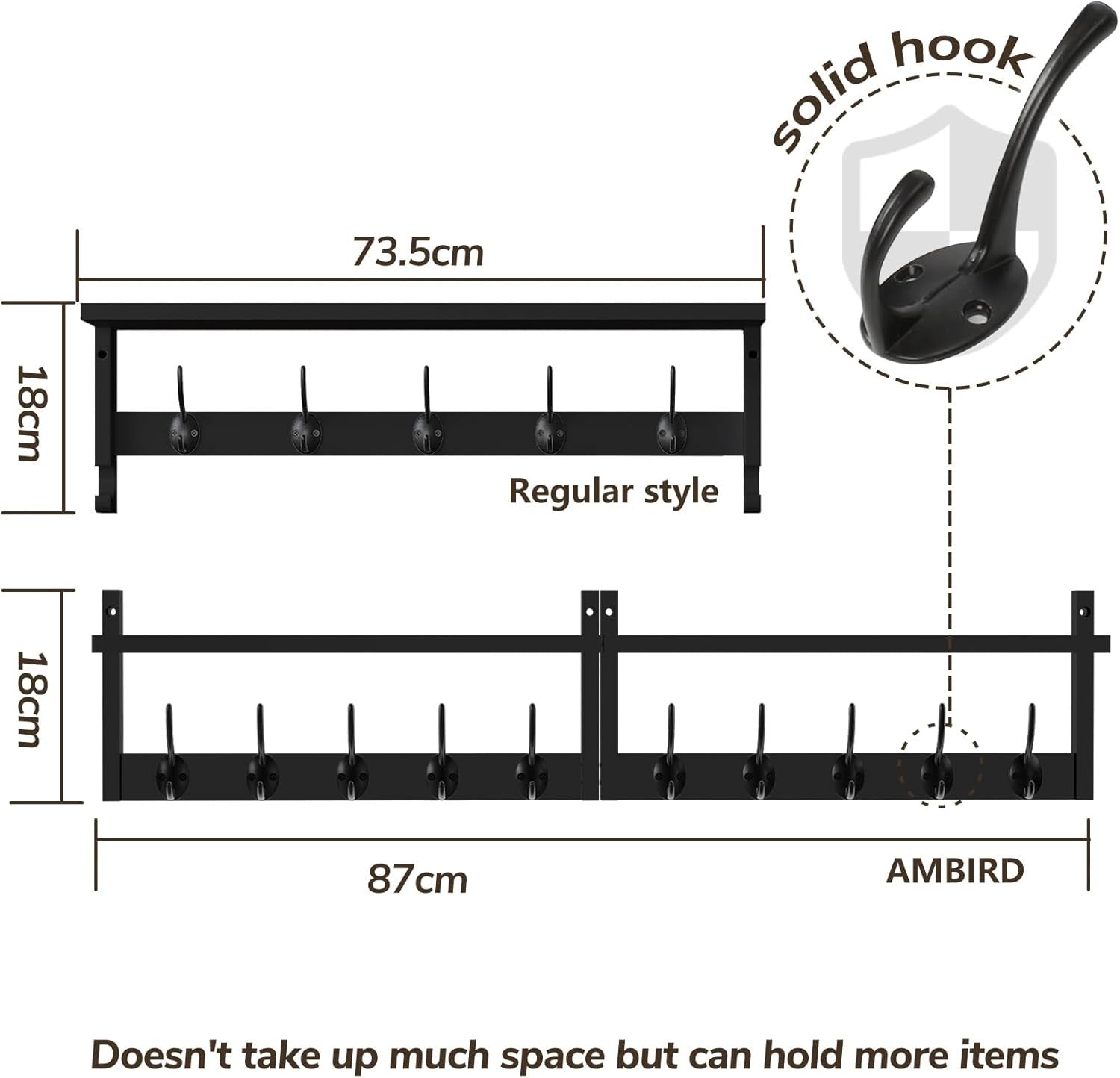 Wooden Wall Coat Rack with Shelf 87cm | 10 Hooks for Coats Hats Keys