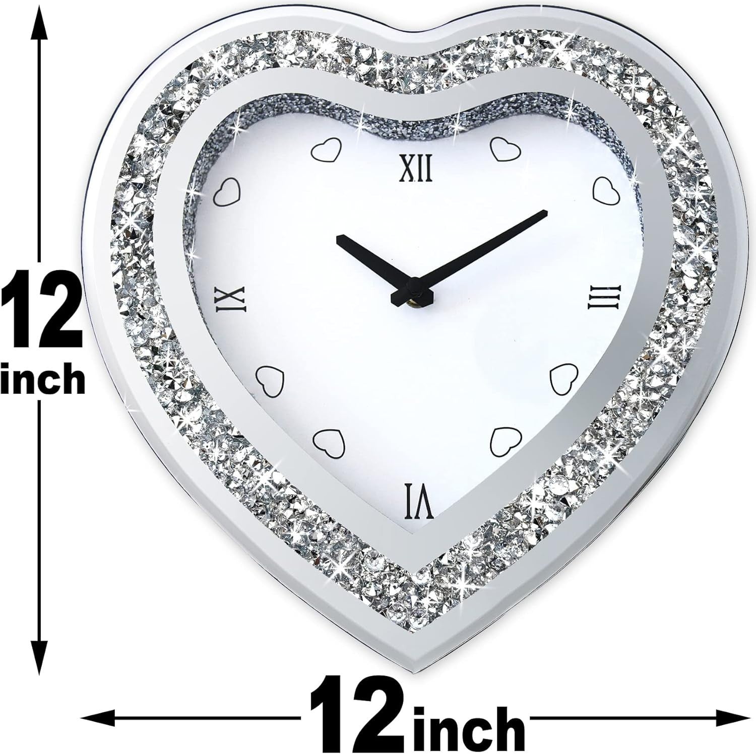 Heart-Shaped Mirror Wall Clock Diamond Border Silent Non-Ticking 12 Inch