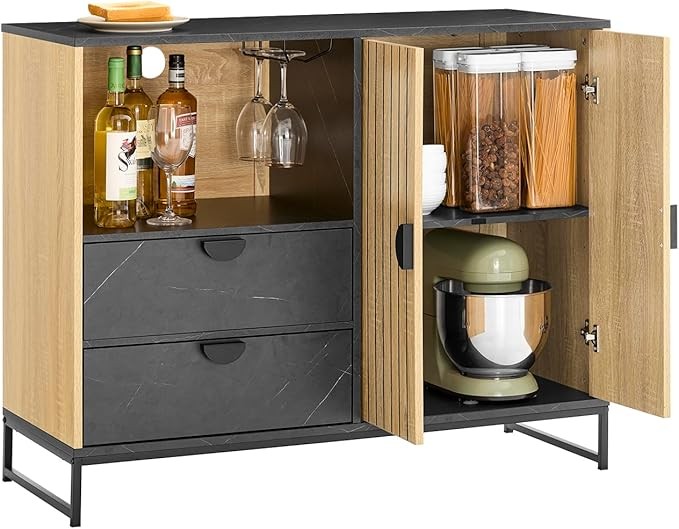 Modern Oak Black Sideboard Cabinet with Wine Rack & Storage 107x40x85cm
