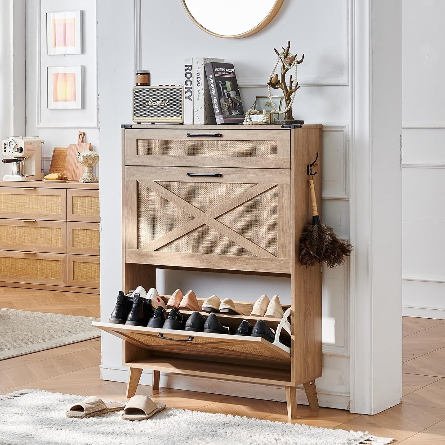 Slim Entryway Shoe Cabinet with Rattan Flip Drawers & Adjustable Shelves