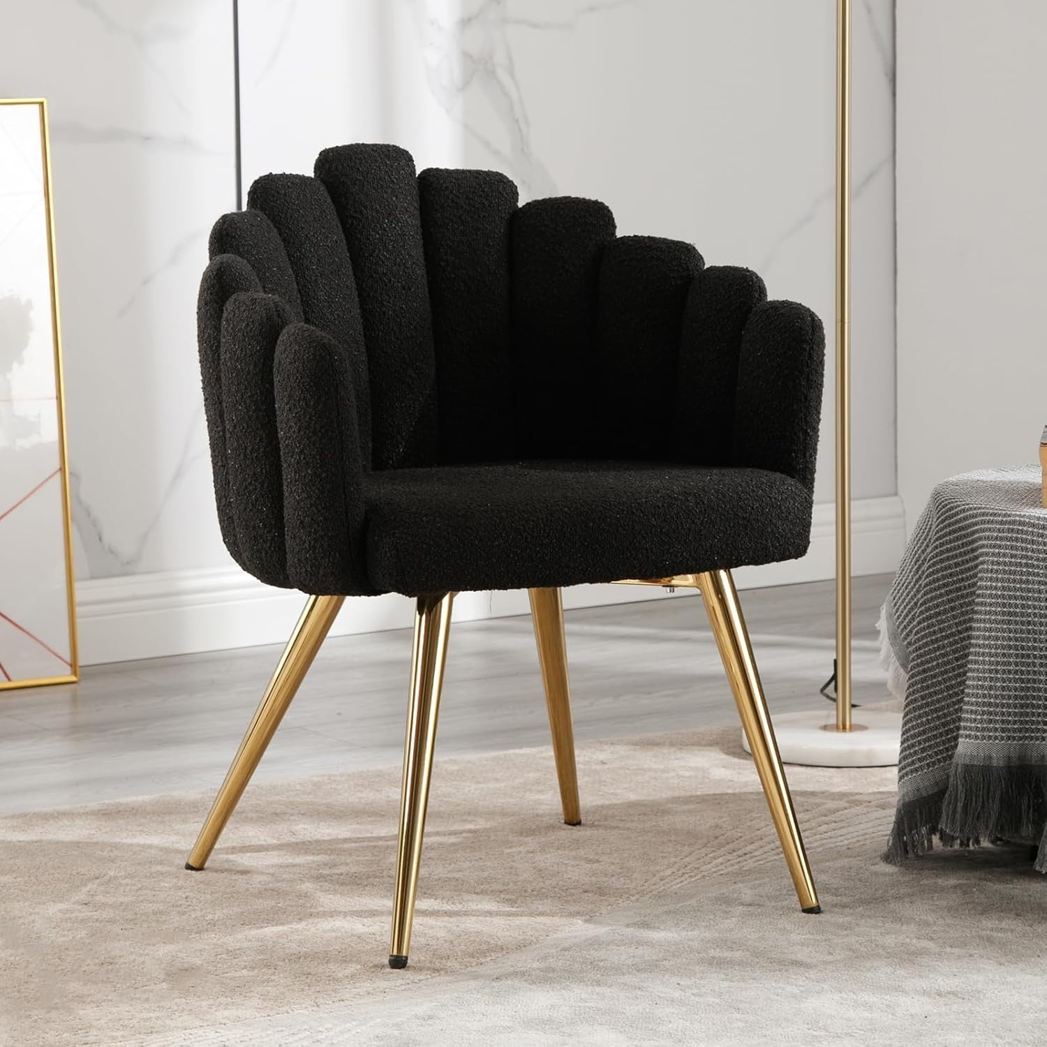 Black Faux Fur Accent Armchair – Modern Lounge Chair with Metal Legs & Arms