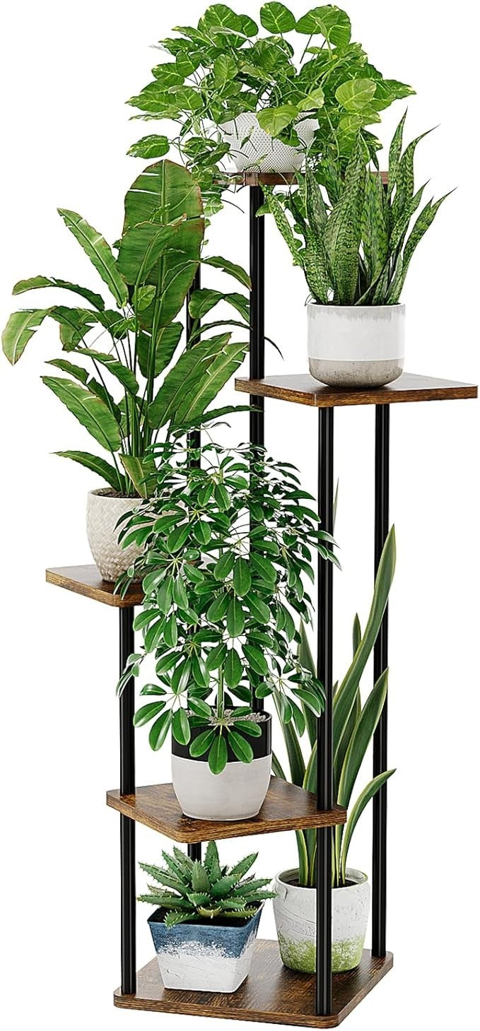 5 Tier Indoor Outdoor Plant Stand Wood Metal Flower Rack Ladder Shelf