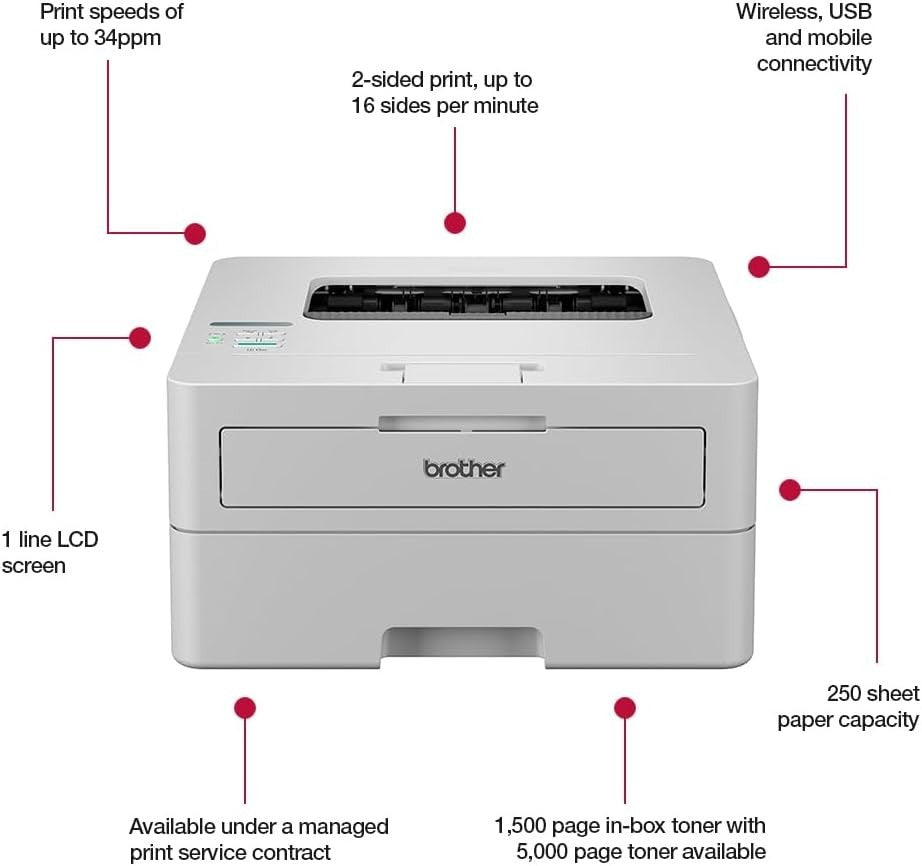 Wireless Mono Laser Printer A4 USB Duplex Fast Grey Office