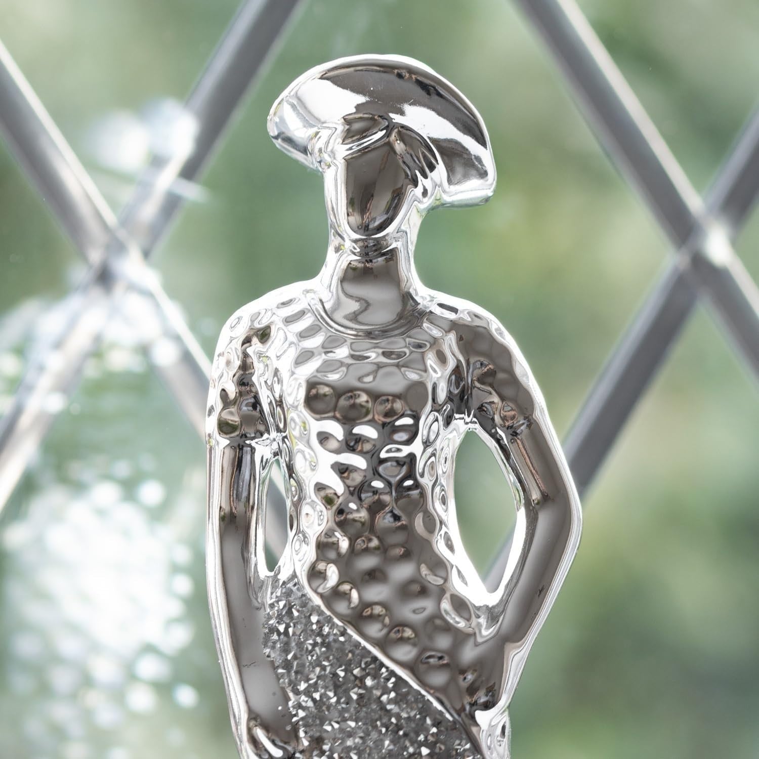 Elegant Silver Lady Figurine Set • Crushed Diamond Art Deco Ornaments