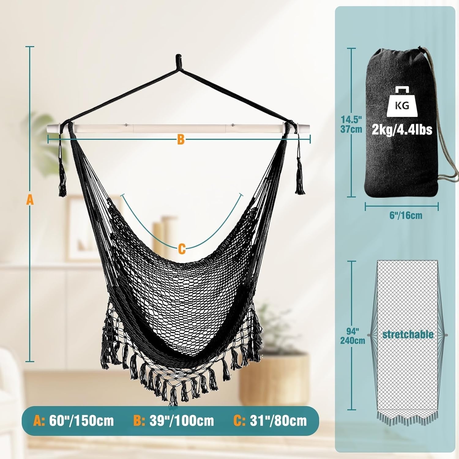 Super Large Hanging Hammock Chair – Comfy Mesh, Indoor Outdoor, 120kg Max