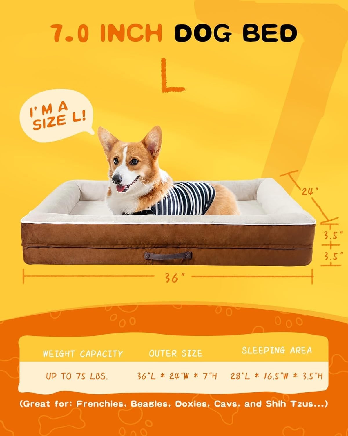 Large Orthopedic Dog Bed 91x61cm Waterproof Washable Brown