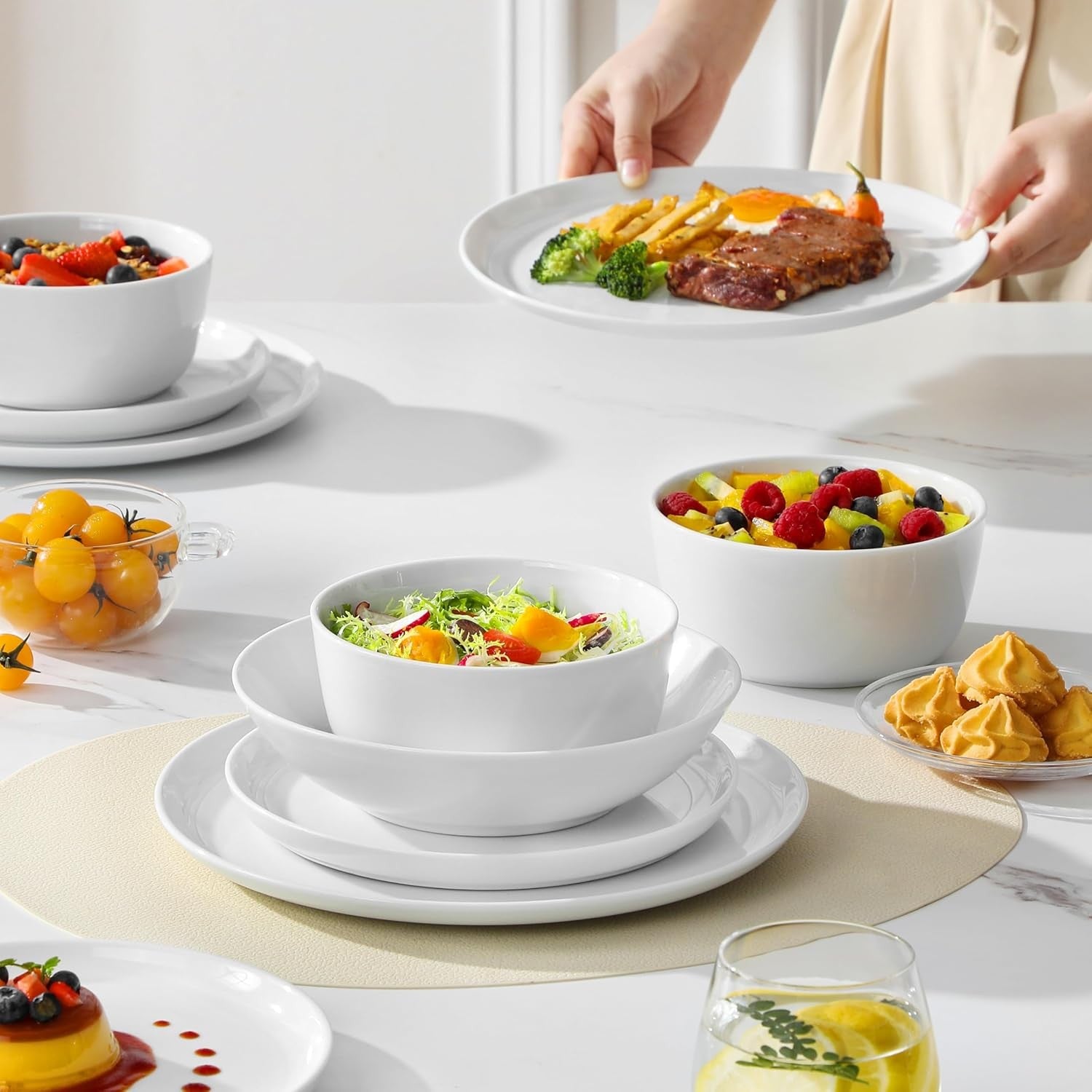 24pc Porcelain Dinnerware Set Plates Bowls Microwave Dishwasher Safe