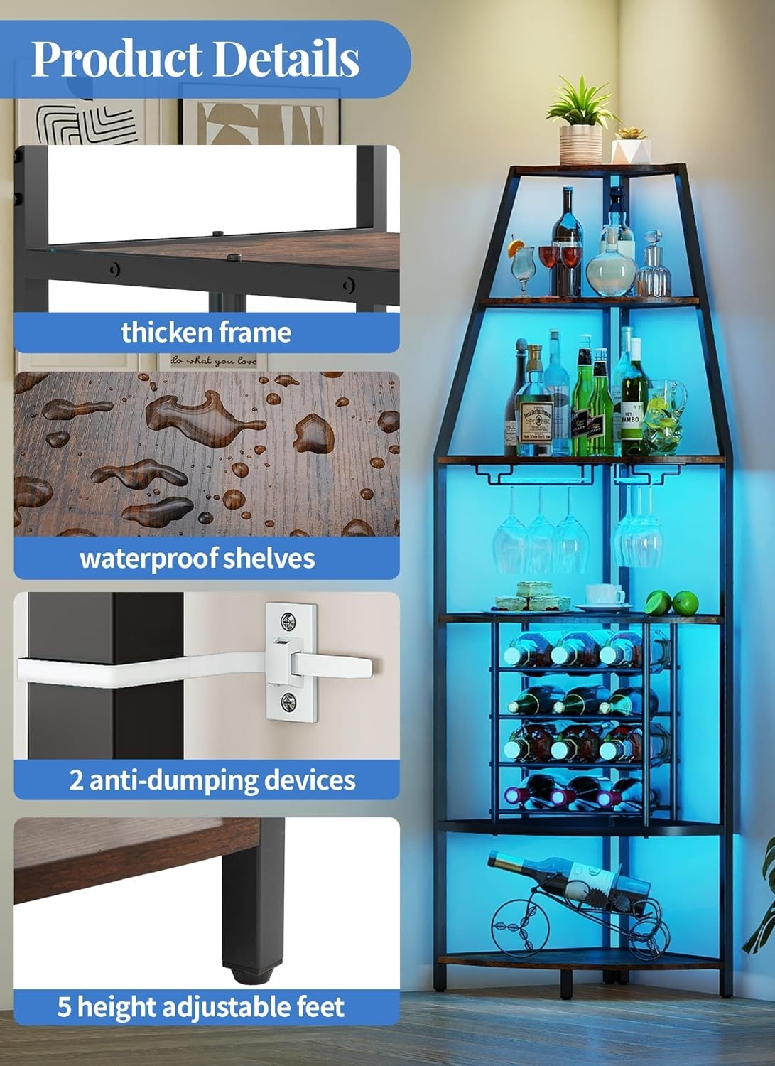 6-Tier Corner Wine Rack with LED Lighting | Bottle & Glass Storage Home Bar