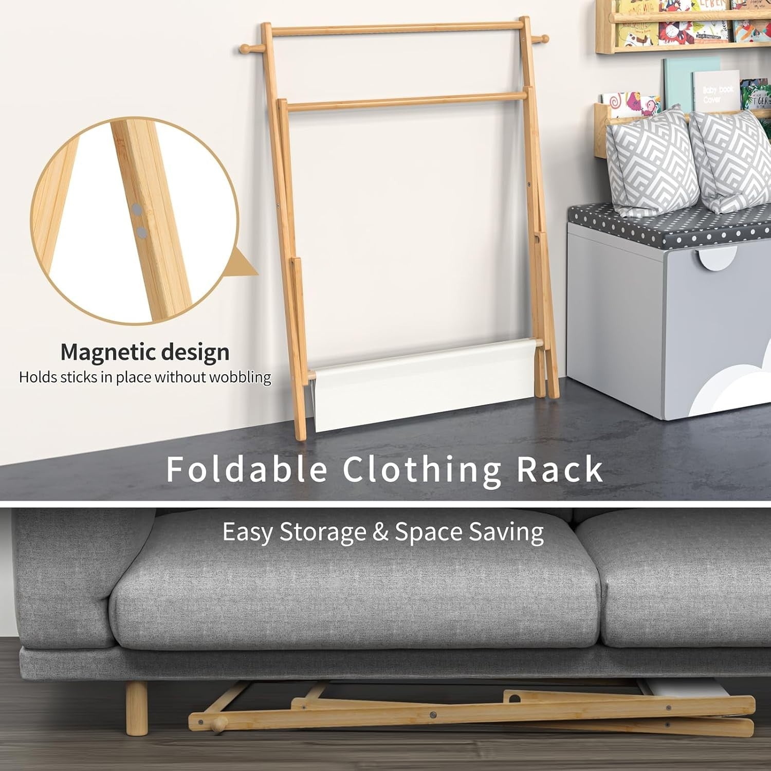 Bamboo Kids Clothing Rack Regular Size Foldable Dress Up Rail with Shelf