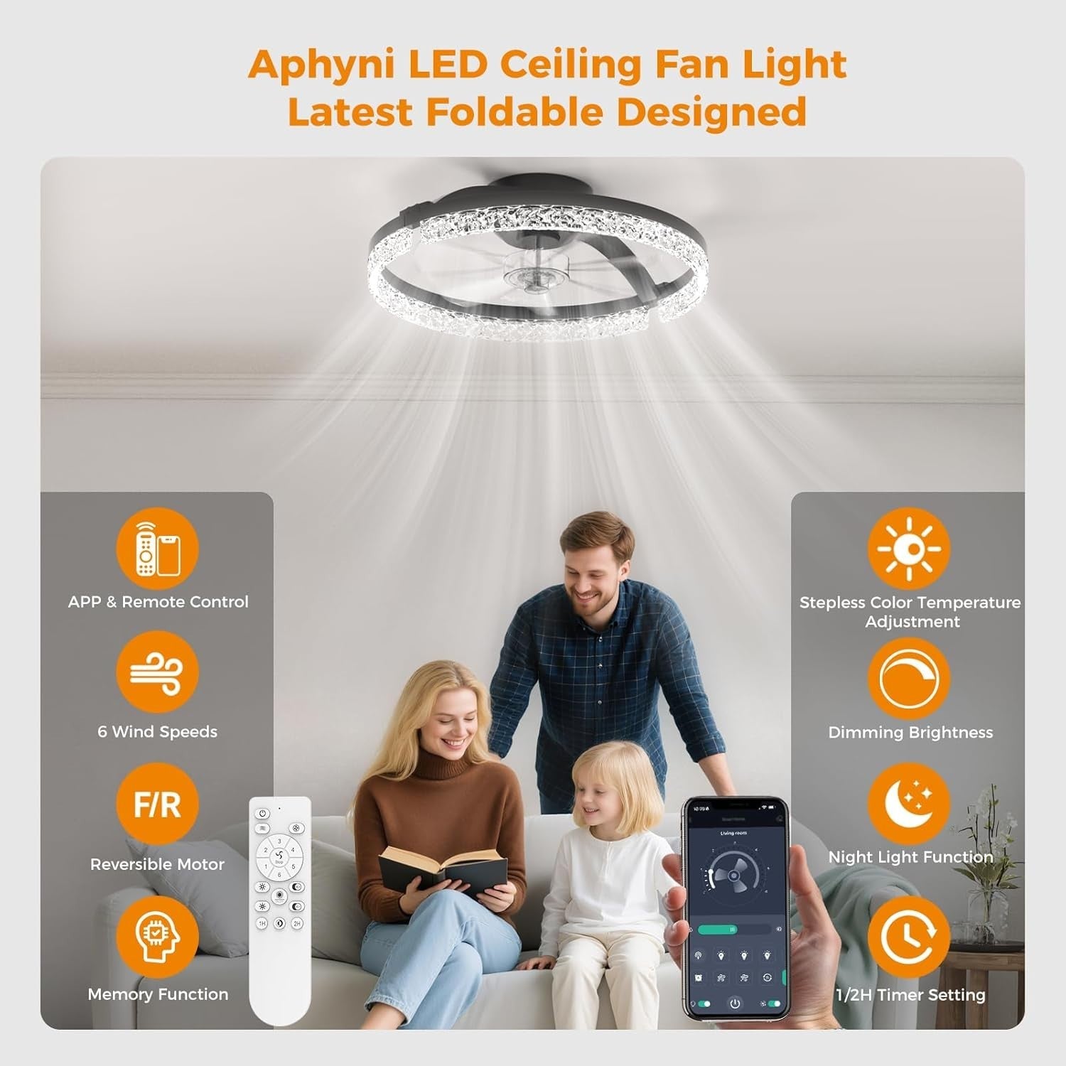 Aphyni 46cm Black Ceiling Fan with Lights Low Profile LED Dimmable Remote