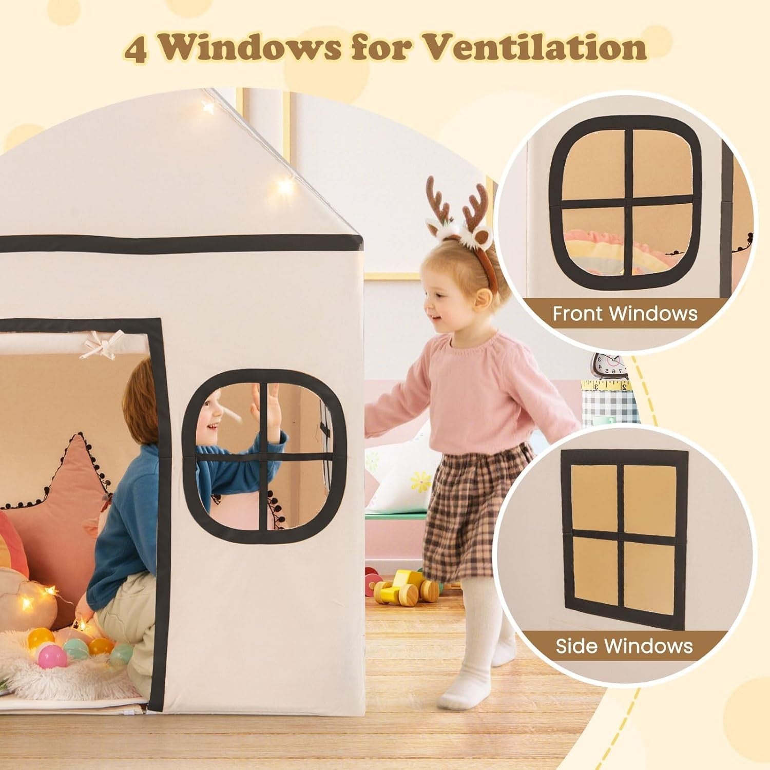 Kids Indoor Castle Tent w Star Lights Plush Mat Windows Storage