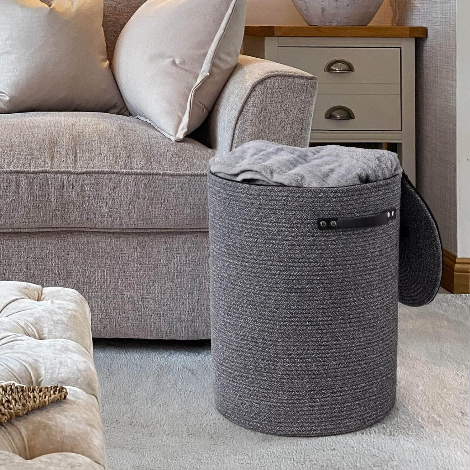 58L Tall Rope Laundry Hamper with Lid Foldable Clothes Basket Grey Storage Bin