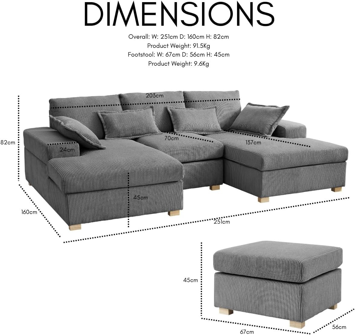U-Shape Jumbo Cord Sofa Dark Grey 4-Seater | Deep Seat + Optional Footstool