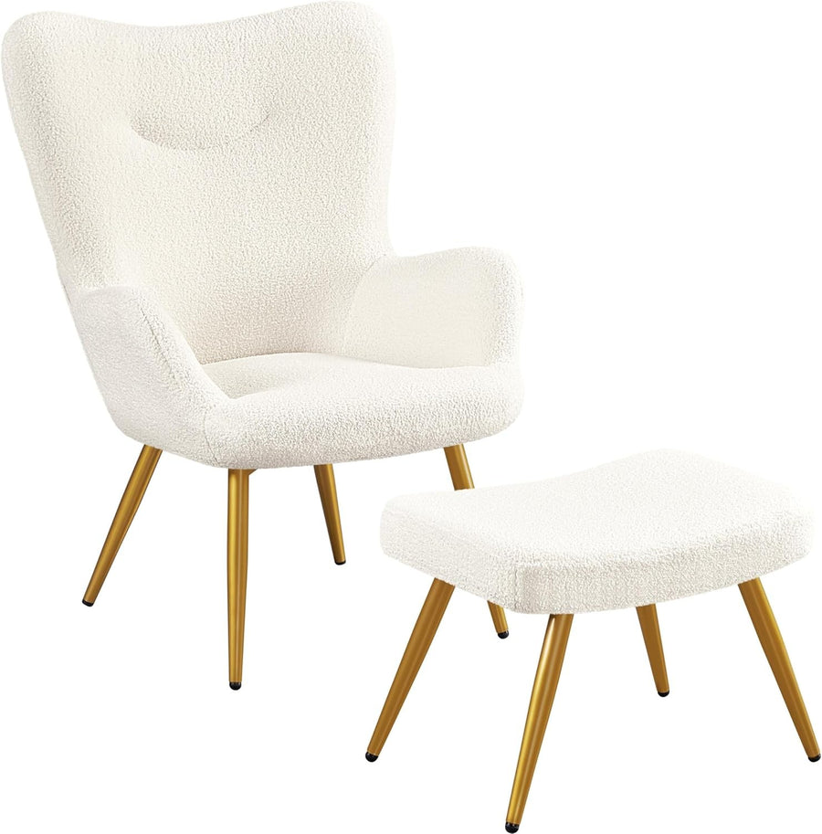 Sherpa Boucle Armchair with Ottoman High Back Lounge Chair Ivory