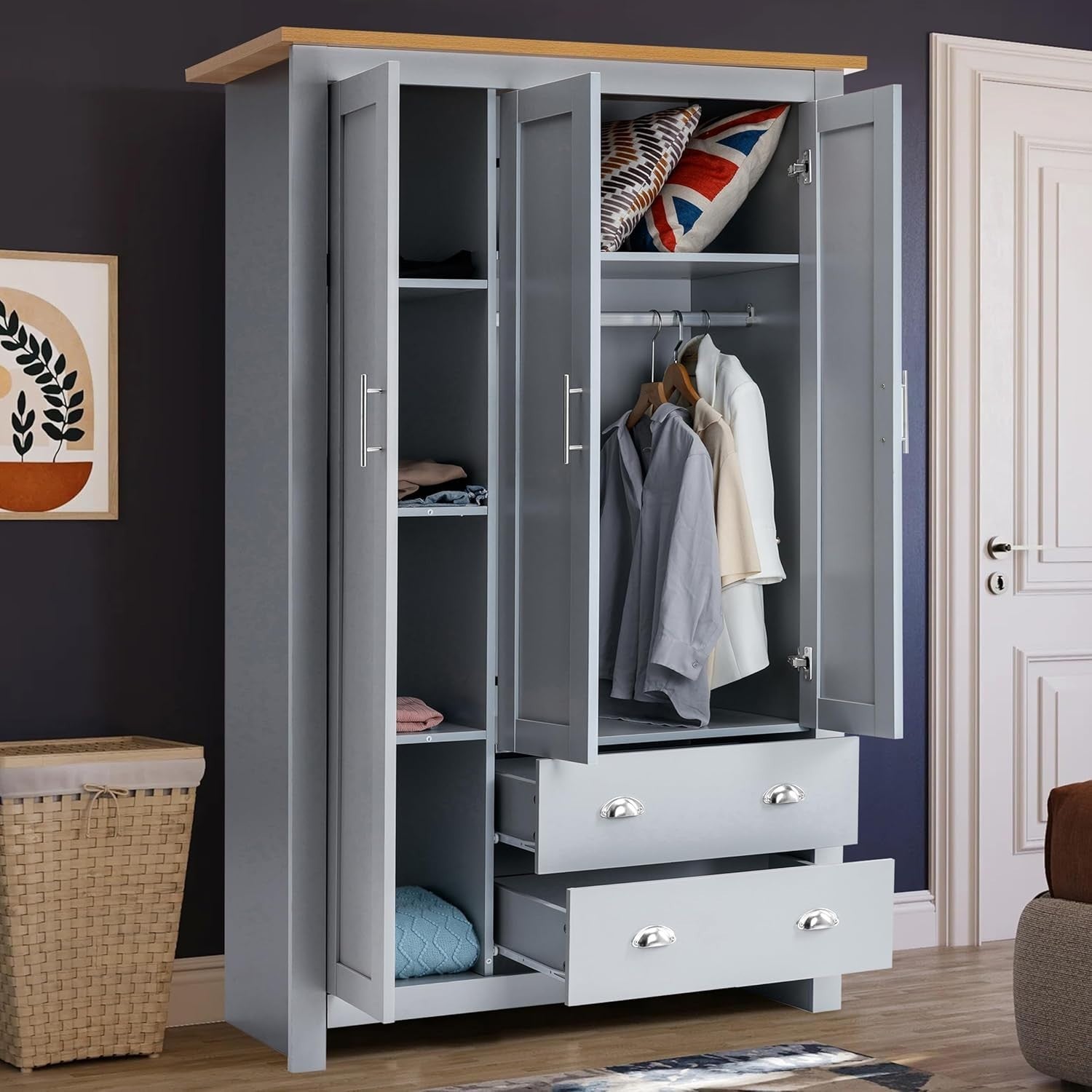 3 Door 2 Drawer Wardrobe Grey Oak Modern MDF Storage With Hanging Rail