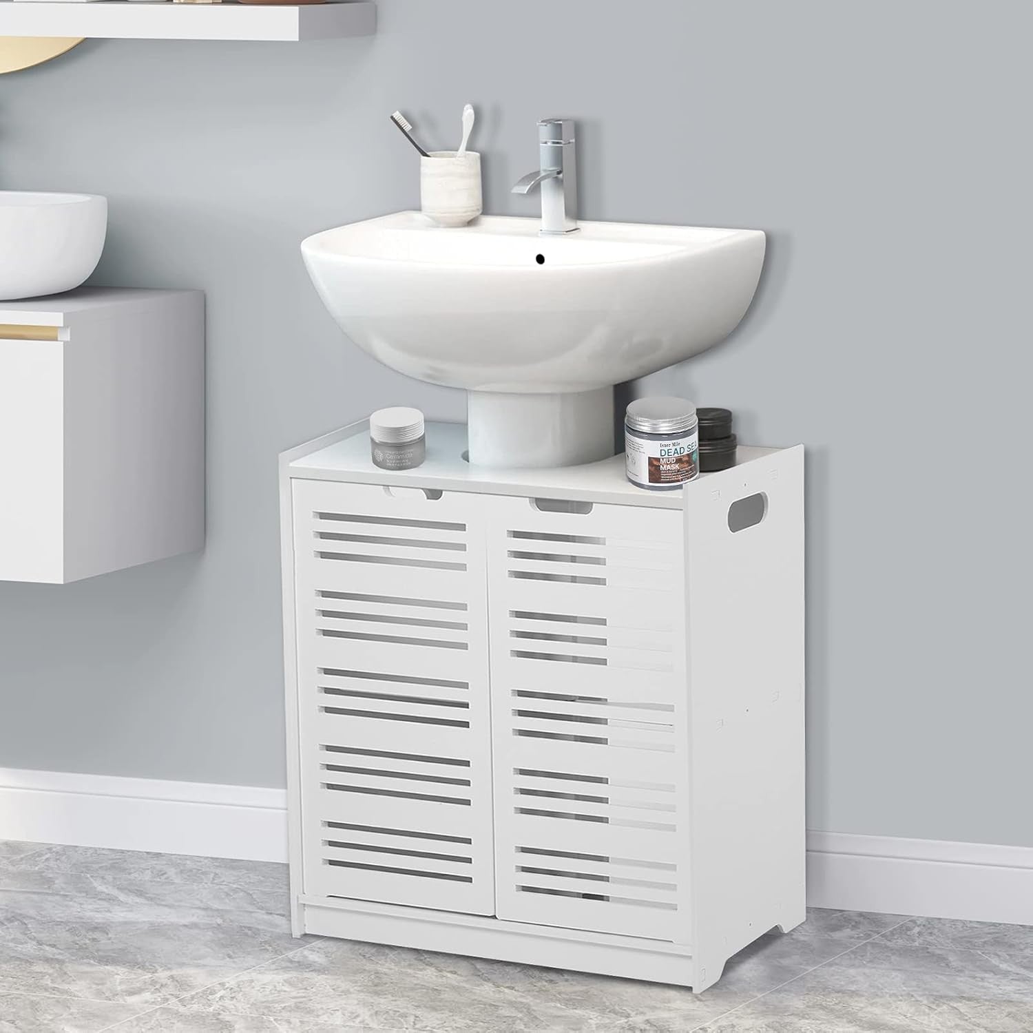 White Under Sink Bathroom Cabinet – Double Door Storage Cupboard 60cm Modern Van