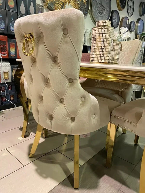 2x Mink Velvet Dining Chairs Gold Legs Ring Back Luxury Tufted Seat Pair
