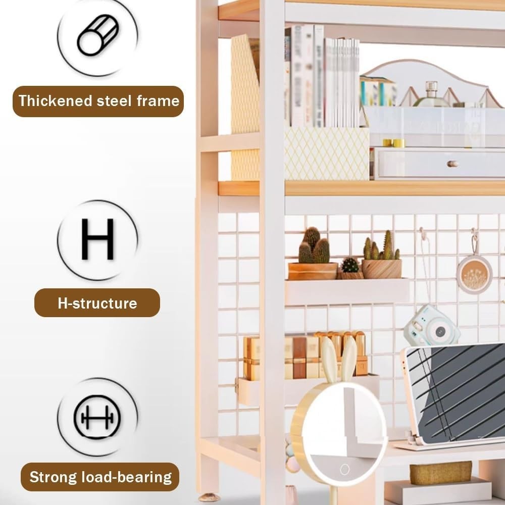 2-Tier Desktop Hutch Bookshelf Organizer w/ Grid Panel | Sturdy Wood & Metal