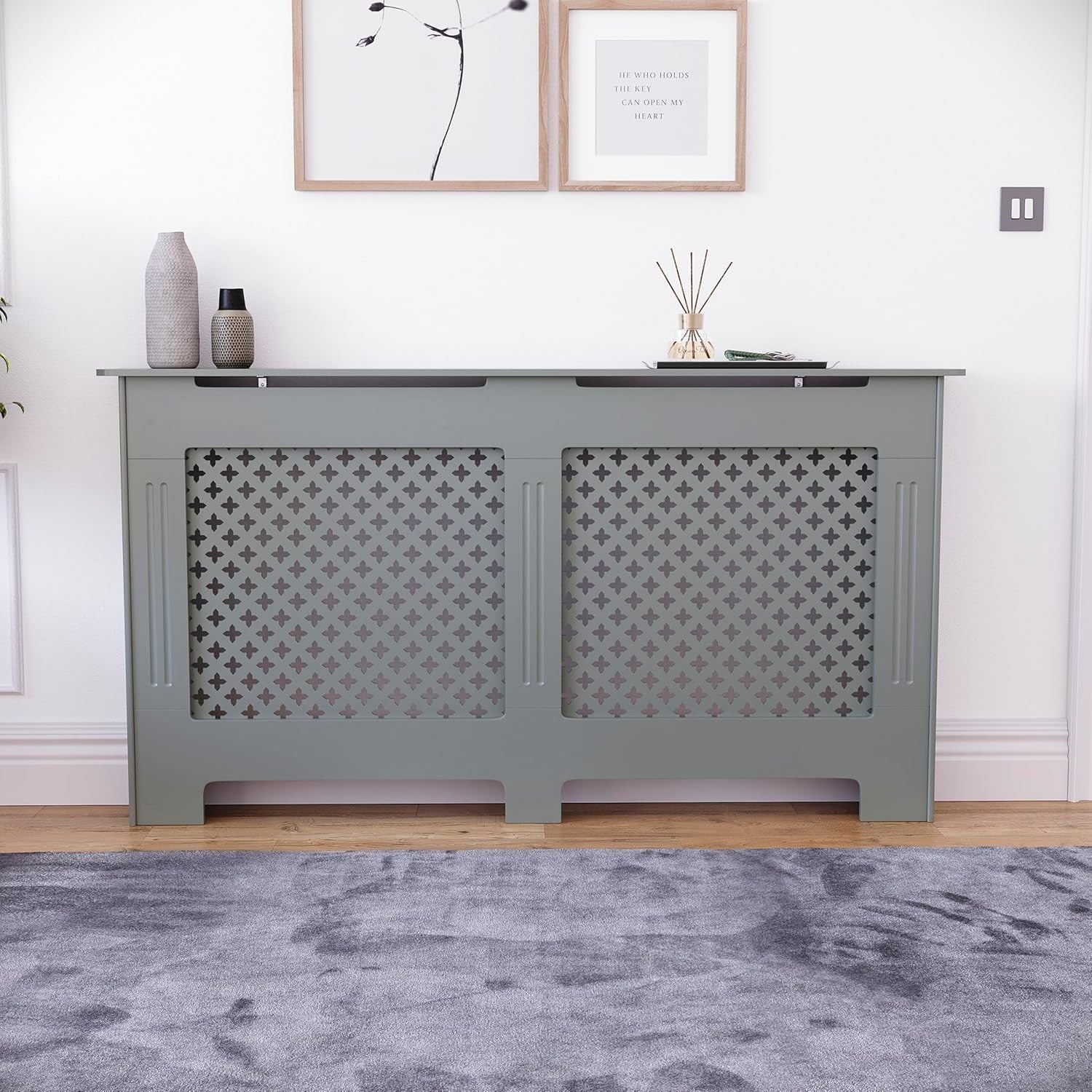 Olive Grey Radiator Cover Large Cross Design MDF Painted Modern Heat Efficient