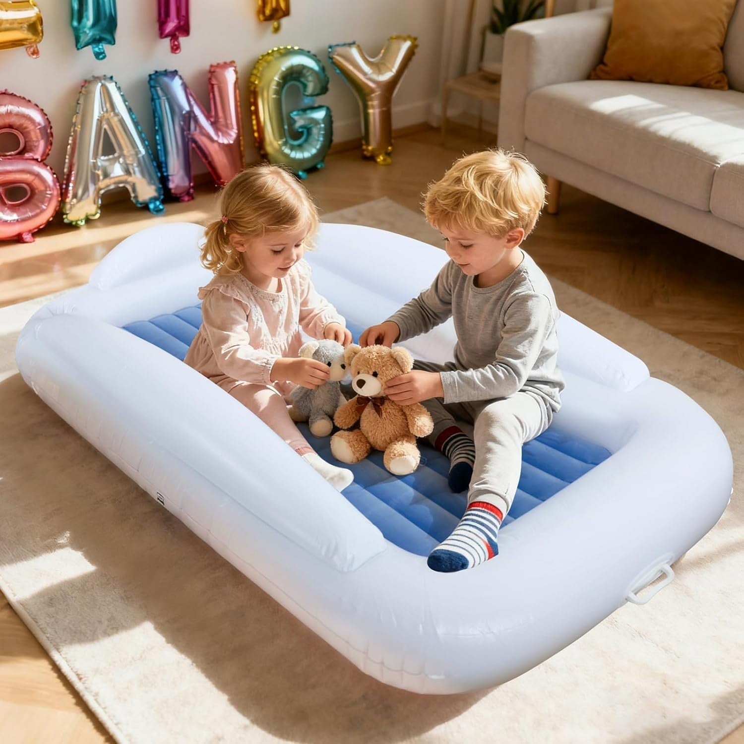 Inflatable Toddler Travel Bed with Safety Bumpers 63” Air Mattress