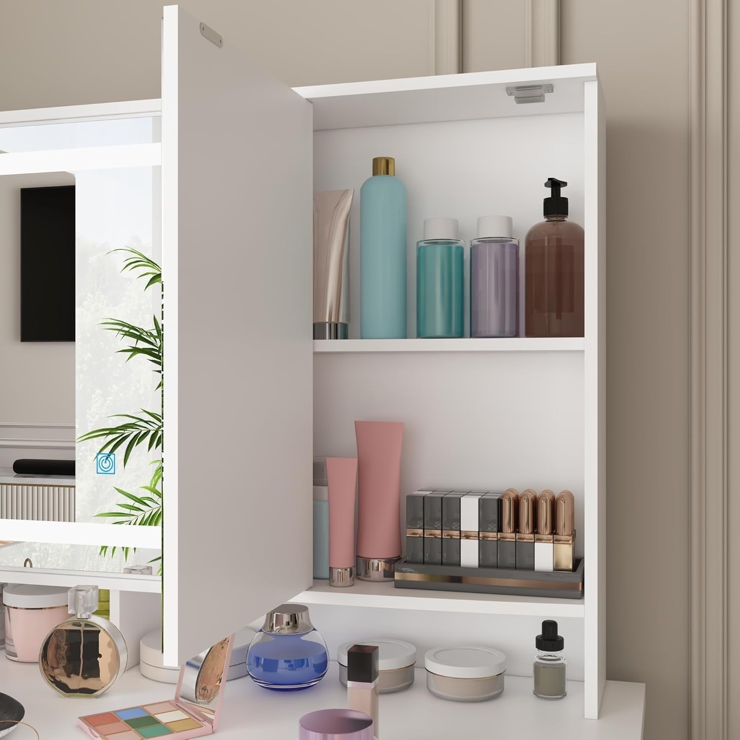 White Makeup Vanity Desk w/ 3-Panel Lighted Mirror 9 Drawers Storage