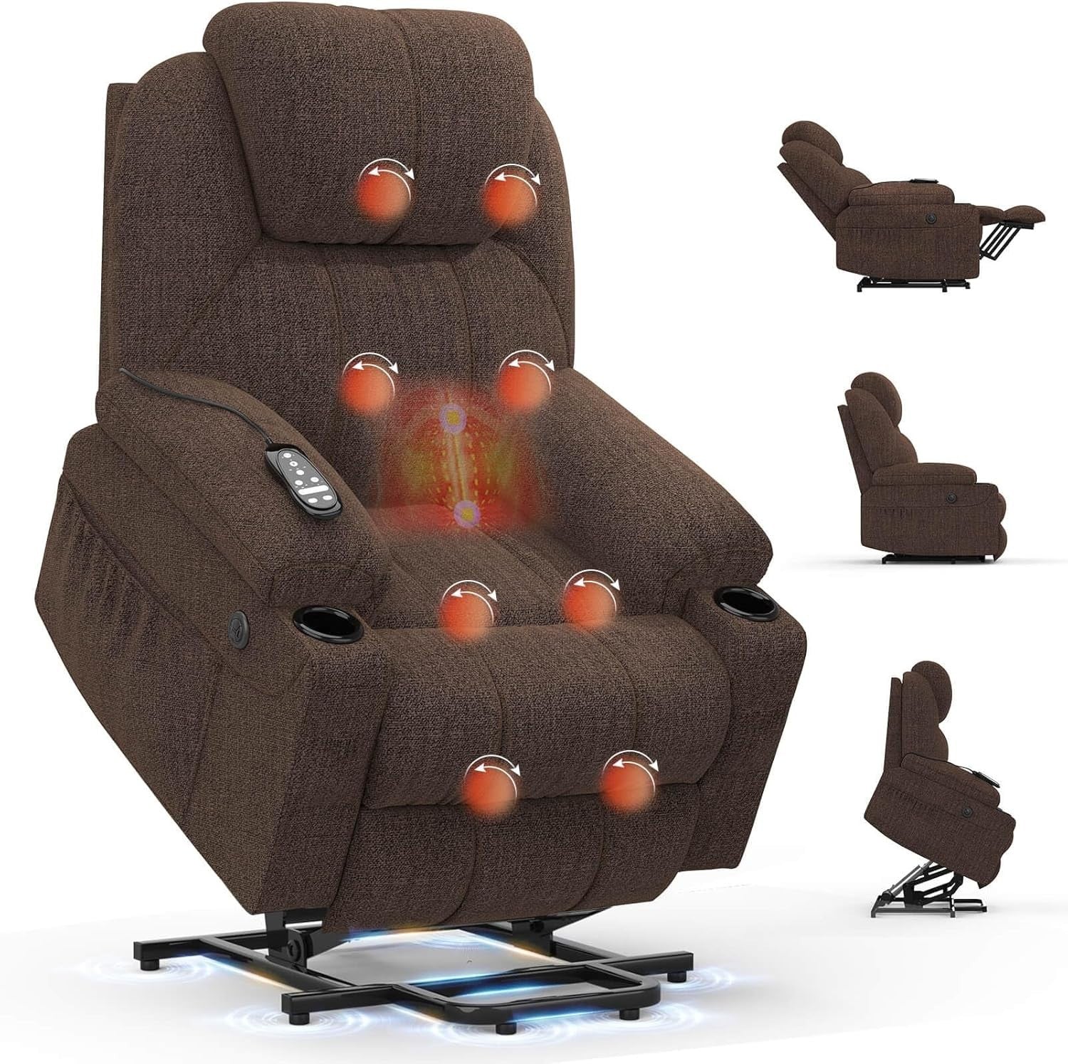 Power Lift Recliner Chair Massage Heat USB Type-C Cup Holders Fabric Dark Brown