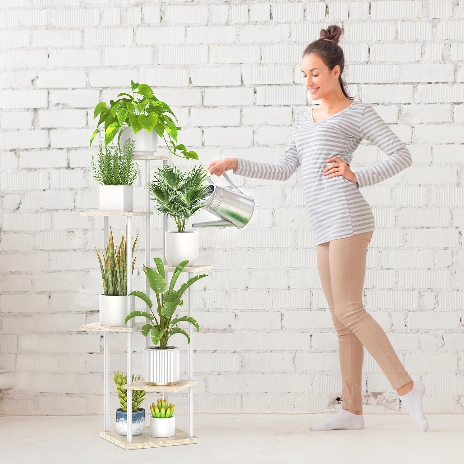 6 Tier Tall Metal Wood Plant Stand Indoor Outdoor Corner Display Rack White