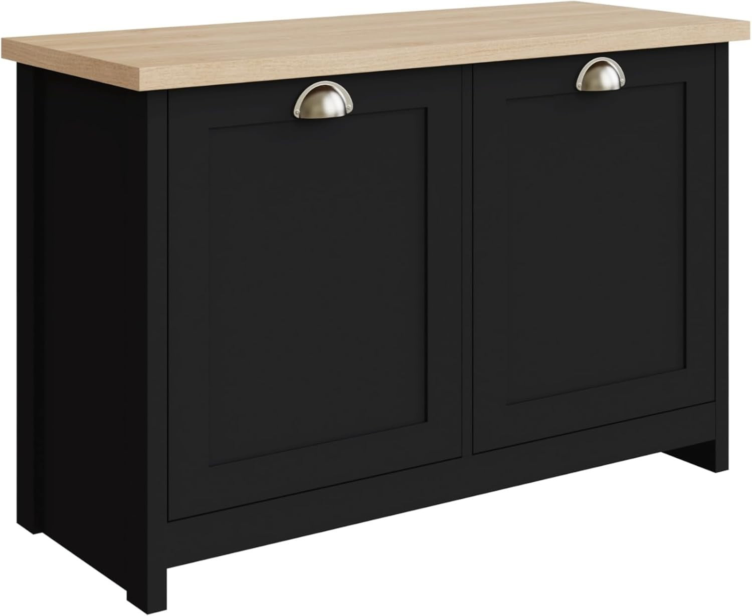 Black Shoe Storage Cabinet 4 Shelves with Oak Top Compact Sideboard
