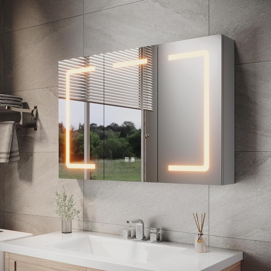 LED Bathroom Mirror Cabinet Triple Door with Anti-Fog, Shaver Socket