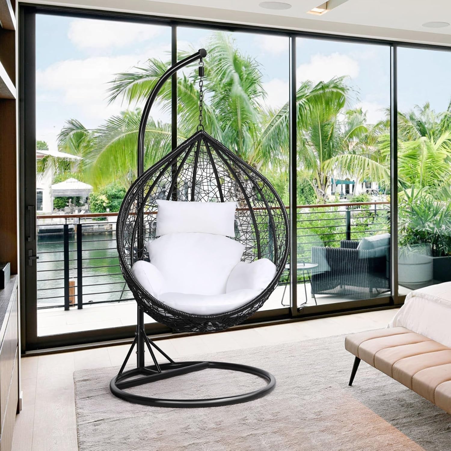 Rattan Hanging Egg Chair with Cushion & Stand | Indoor Outdoor Swing