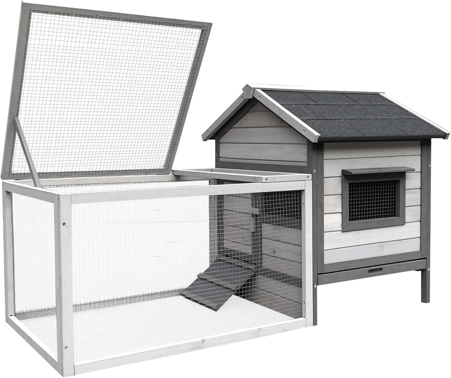 Large Rabbit Hutch with Run Outdoor Grey Wooden Slide Out Tray