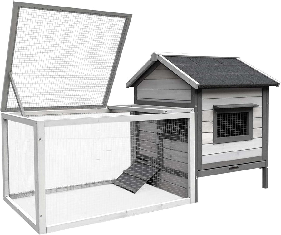 Large Rabbit Hutch with Run Outdoor Grey Wooden Slide Out Tray