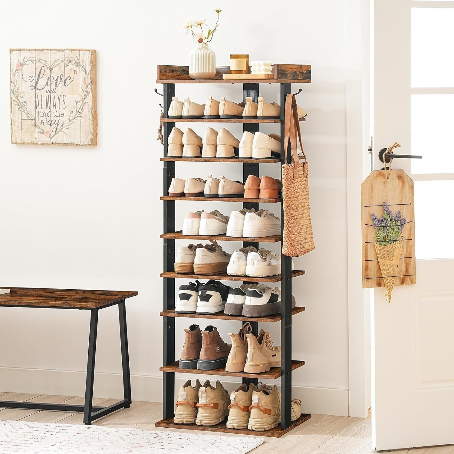 9-Tier Tall Slim Shoe Rack – Rustic Vertical Organizer for Small Spaces