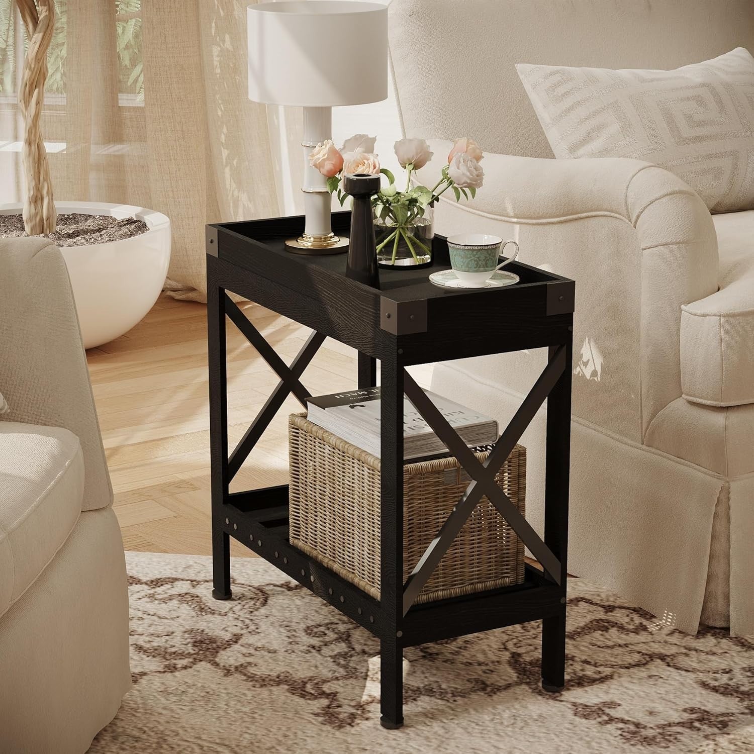 Narrow Black End Table with Storage Shelf – Compact Nightstand for Small Rooms