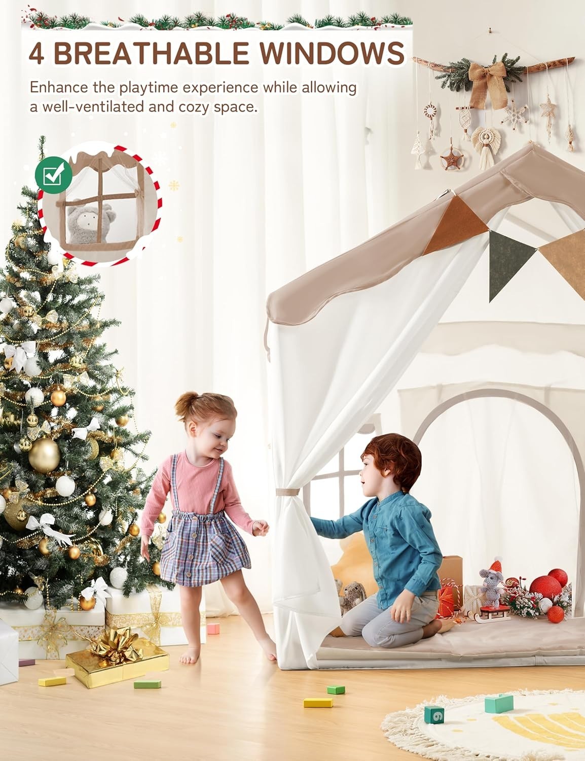 Kids Indoor Castle Tent Bed Canopy with Lights Padded Playhouse Brown