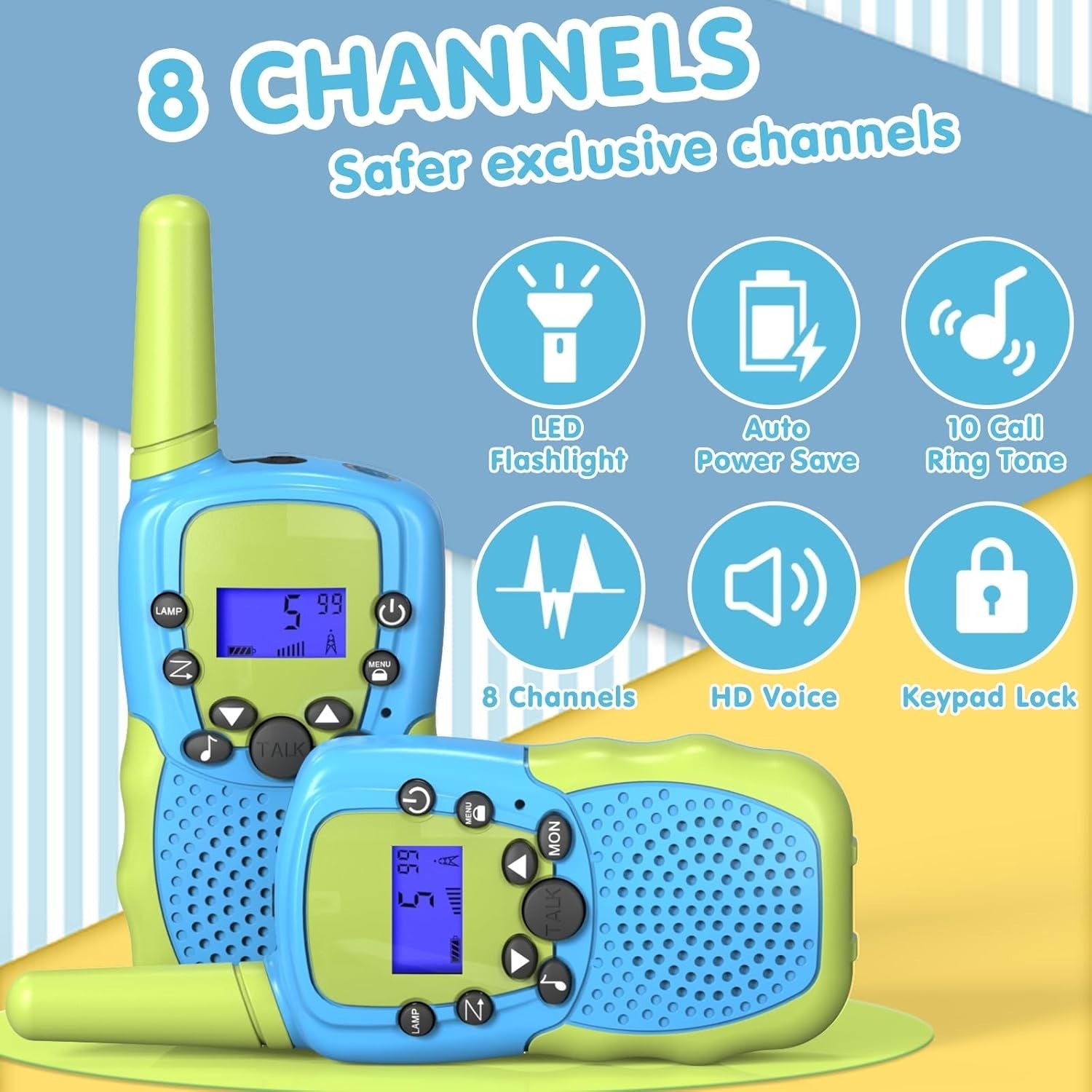Kids Walkie Talkies 8 Channel 3 Mile Range VOX LED Flashlight Toy