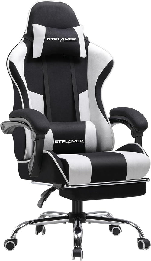 Fabric Gaming Chair w Massage Lumbar Footrest Reclining White
